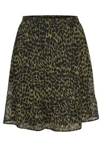 Jupe imprimé léopard noir et vert olive avec taille élastique et volants superposés à l'ourlet, confectionnée dans un matériau léger et transparent.