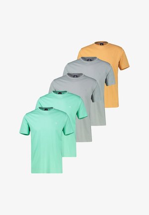 Pięć gładkich koszulek z krótkim rękawem i okrągłym dekoltem w kolorach miętowym, jasnoszarym i musztardowym ułożonych w przesuniętym rzędzie.