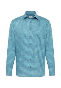 Langearmige blouse van turquoise stof met geometrische patronen in groen en paars; heeft een klassieke kraag en een knoopsluiting vooraan.