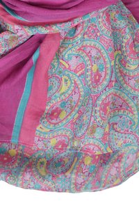 Scarf featuring a paisley pattern in pink, blue, and green, with vibrant floral accents and a lightweight, textured fabric.