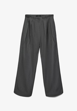 Pantalons larges gris foncé en tissu texturé, avec des plis à l'avant, une taille et une coupe droite.