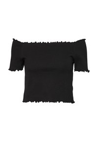 Svart av axlarna-topp, figurnära design, korta volangärmar, ribbad textur, cropped längd och vågig fålldetalj.