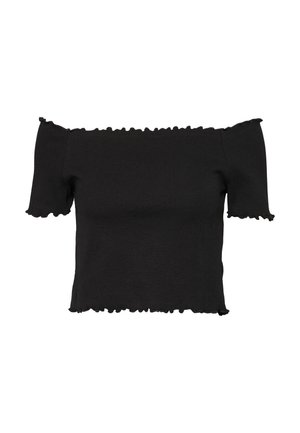 Sort off-the-shoulder top, tætsiddende design, korte frill-ærmer, ribbet tekstur, cropped længde og bølget kantdetalje.