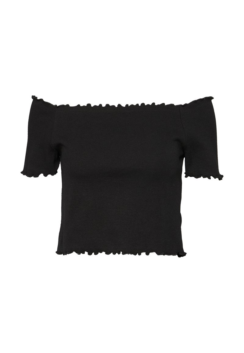 Svart av axlarna-topp, figurnära design, korta volangärmar, ribbad textur, cropped längd och vågig fålldetalj.