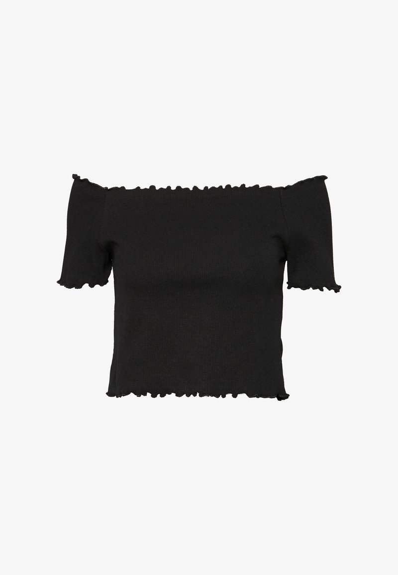 Černý top bez ramínek, přiléhavý design, krátké volánkové rukávy, žebrovaná textura, zkrácená délka a vlnitý lem.