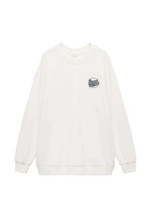 Felpa bianca con maniche lunghe, scollatura rotonda e polsini a coste. Presenta un piccolo logo stampato che dice "Beyond Horizons" in blu navy.