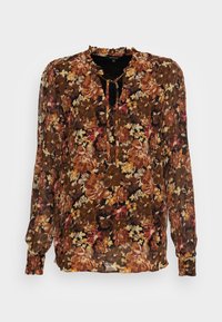 Blouse florale en tissu brun transparent avec des motifs de fleurs colorées, manches longues et un col arrondi avec fermeture en forme de trou de clé.