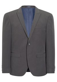 Grau blazer mit einem schlanken Design, Ein-Knopf-Verschluss, Reverskragen und flachen Fronttaschen; verfügt über eine blaue Innenauskleidung und strukturierte Stoff.