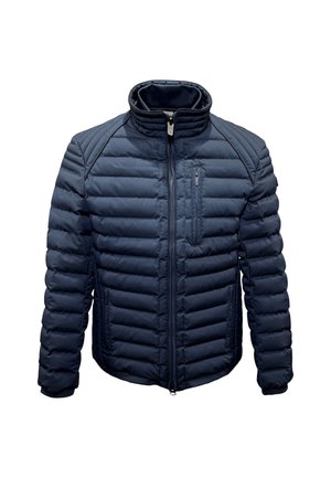 Marineblauer, gesteppter Mantel mit hohem Kragen, vollem Reißverschluss vorne und seitlichen Taschen. Verfügt über sichtbare Nähte und eine Brusttasche mit Reißverschluss.