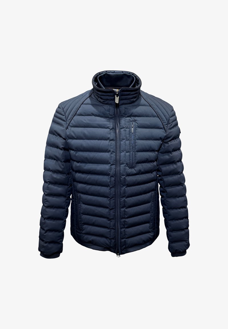 Marineblauer, gesteppter Mantel mit hohem Kragen, vollem Reißverschluss vorne und seitlichen Taschen. Verfügt über sichtbare Nähte und eine Brusttasche mit Reißverschluss.