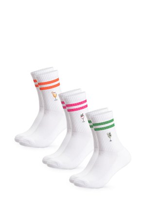 Three pairs of white crew socks with double stripes in orange, pink, and green, each featuring a small cocktail glass embroidery.