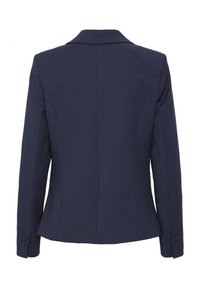 Blazer bleu marine ajusté avec manches longues, poignets à deux boutons et couture structurée au dos pour une silhouette cintrée.