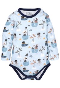 Bodysuit dla niemowląt z długim rękawem w jasnoniebieskim kolorze, z motywem pirackim i ilustracjami zwierząt, granatowymi akcentami oraz zapięciem na napy.