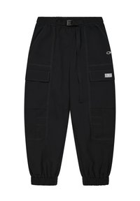 Zwarte cargo broek van lichtgewicht stof, met een elastische tailleband met riem, meerdere zijzakken en elastische manchetten.