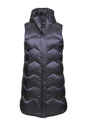 Sort polstret vest med hætte. Har et chevron quilted mønster, en frontlynlås og sidelommer. Elegant, skinnende stofstruktur.
