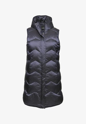 Sort polstret vest med hætte. Har et chevron quilted mønster, en frontlynlås og sidelommer. Elegant, skinnende stofstruktur.
