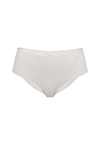 Beige patterned brief with a zigzag design, made from soft fabric. Features a simple waistband and a subtle logo detail.