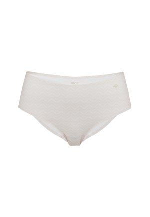 Beige patterned brief with a zigzag design, made from soft fabric. Features a simple waistband and a subtle logo detail.