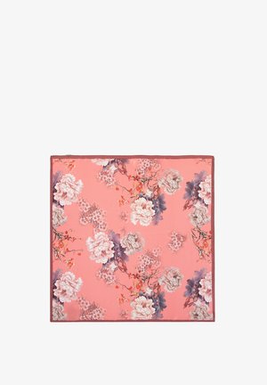Vierkante stof met een roze achtergrond, voorzien van bloemmotieven in wit, paars en oranje, omrand met een donkere rand. Zachte textuur.