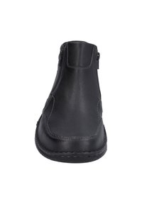 Bottine noire en cuir avec une texture lisse, fermeture éclair des deux côtés, bout arrondi et détails cousus le long de la semelle.