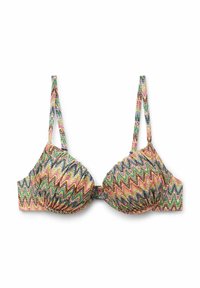 Bunt gemusterter Unterbrustbügell Bra mit verstellbaren Trägern. Aus glattem Stoff gefertigt, mit weichen Cups und einem Haken- und Ösenverschluss auf der Rückseite.