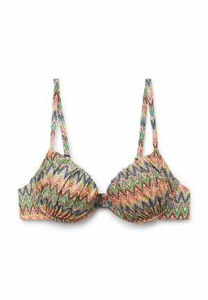 Bunt gemusterter Unterbrustbügell Bra mit verstellbaren Trägern. Aus glattem Stoff gefertigt, mit weichen Cups und einem Haken- und Ösenverschluss auf der Rückseite.