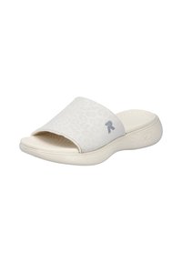 Light-colored slide sandals with a textured leopard pattern, open toe, and cushioned sole featuring a subtle logo on the strap.