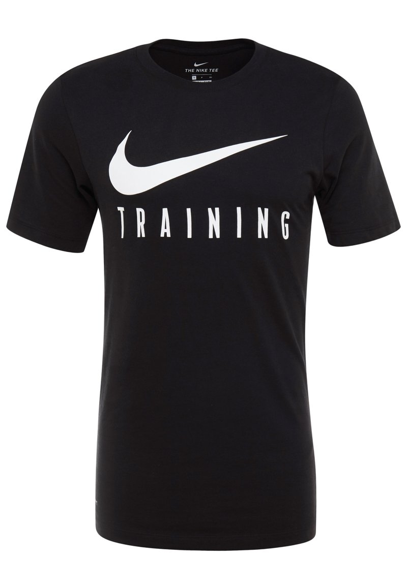 Camiseta de algodón negra con un gran logo de swoosh blanco de Nike y la palabra "TRAINING" en letras blancas en negrita. Mangas cortas, cuello redondo.