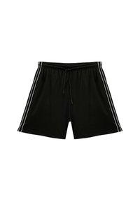 Pantalones cortos deportivos negros con cintura elástica, cordón, dos bolsillos laterales y rayas blancas en los lados. Fabricados en tejido ligero.