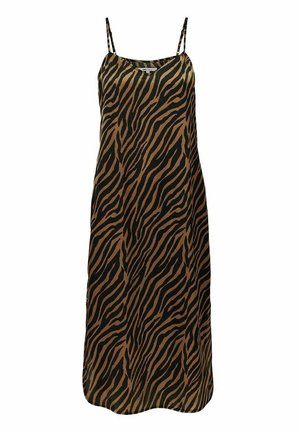 Sukienka bez rękawów w czarny i brązowy wzór pasków tygrysa, wykonana z gładkiej tkaniny. Posiada regulowane ramiączka i luźny, swobodny krój.