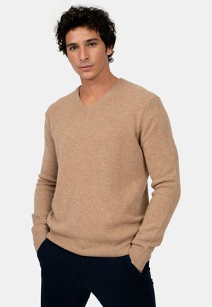 Maglione beige a collo a V realizzato in morbido tessuto a maglia, maniche lunghe con polsini e orlo a costine, vestibilità casual, indossato sopra pantaloni blu navy.
