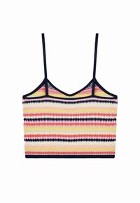 Stripete strikket topp med kort lengde i rosa, gul og marine. Har tynne stropper og en tettsittende design med sikksakk-mønster gjennom hele.