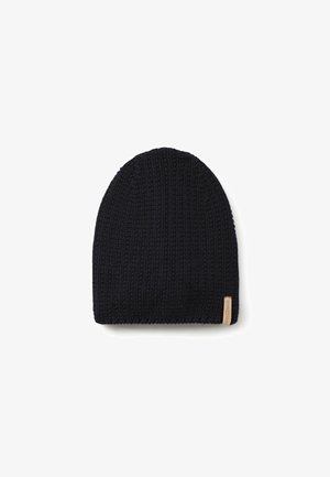 Schwarze Strickmütze mit einem strukturierten Muster und einem kleinen Lederetikett. Abgerundete Oberseite und flexible Passform für eine gute Kopfabdeckung.