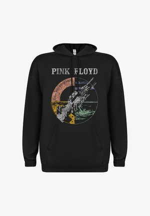 Svart hettegenser med grafisk design av et stilisert skip, sirkulær bakgrunn i flere farger, og teksten "PINK FLOYD" over.