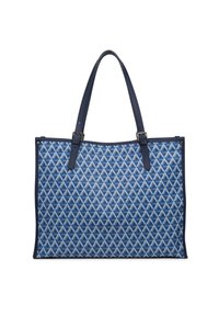 Grand sac fourre-tout en tissu bleu avec un motif géométrique de triangles clairs et foncés. Doté de poignées en cuir robustes et d'accents en métal.
