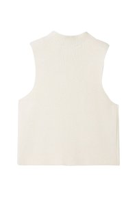Ärmelloses cremefarbenes, geripptes Stricktop mit hohem Ausschnitt und geradem Schnitt, das über eine strukturierte Oberfläche verfügt und keine sichtbaren Verschlüsse oder Verzierungen aufweist.