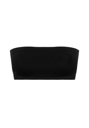 Schwarzes trägerloses Bandeau-Top aus weichem Stoff, mit glatter Textur und nahtlosem Design, ohne sichtbare Verschlüsse oder Hardware.