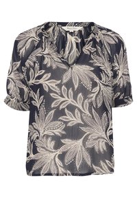 Blusa navy con una vestibilità comoda, caratterizzata da motivi floreali bianchi, maniche corte a sbuffo e scollatura a V in tessuto leggero.