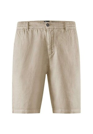 Pantaloni corti in lino beige con vita elasticizzata, chiusura frontale con bottone e tasche laterali. Tessuto morbido con un design a gamba dritta.