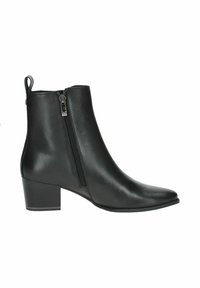 Black leather ankle boot with a pointed toe, side zipper closure, and a low stacked heel. Smooth texture, sleek design with a pull tab.