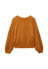 Pull orange en fourrure avec un col rond et des manches longues amples. Surface texturée avec une apparence douce et un design décontracté.