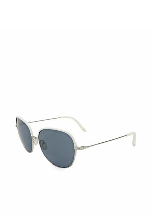Occhiali da sole con grandi lenti scure, montature bianche arrotondate e sottili astine argento con punte curve bianche.