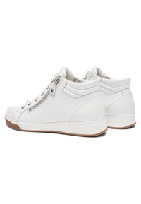 Pair of white leather high-top sneakers with side zipper, white laces, padded collar, and gum rubber sole shown from rear angle.