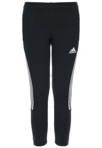 Pantalones deportivos negros hechos de una tela suave, con un diseño ajustado, cinturilla elástica y tres franjas blancas a lo largo de las piernas con un logo.