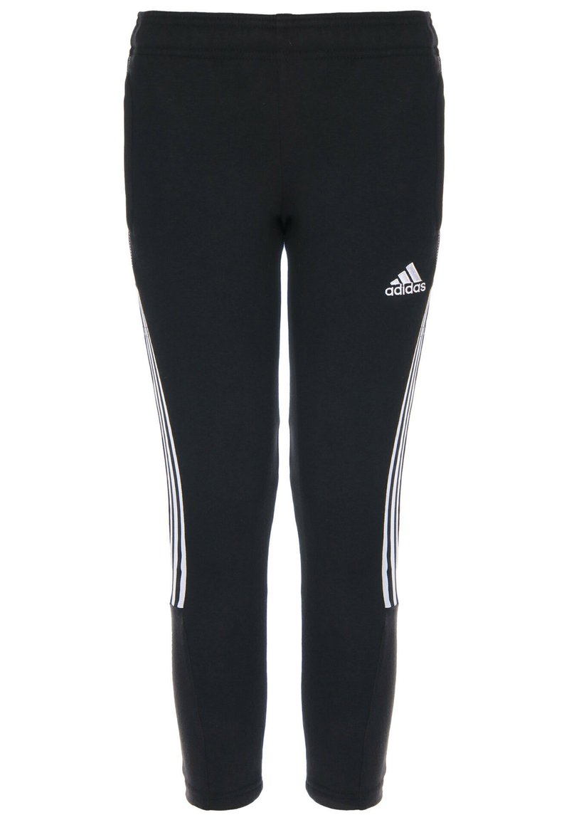 Pantalones deportivos negros hechos de una tela suave, con un diseño ajustado, cinturilla elástica y tres franjas blancas a lo largo de las piernas con un logo.
