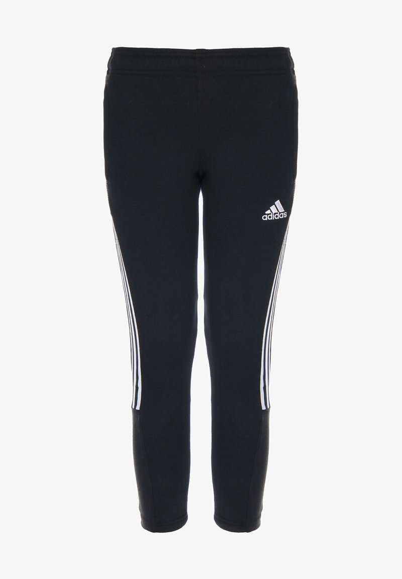 Pantalones deportivos negros hechos de una tela suave, con un diseño ajustado, cinturilla elástica y tres franjas blancas a lo largo de las piernas con un logo.