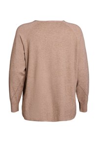 Lichtbruine pullover trui met een relaxte pasvorm, lange mouwen, ribgebreide manchetten en een ronde zoom. Gladde textuur met subtiele stikdetails.
