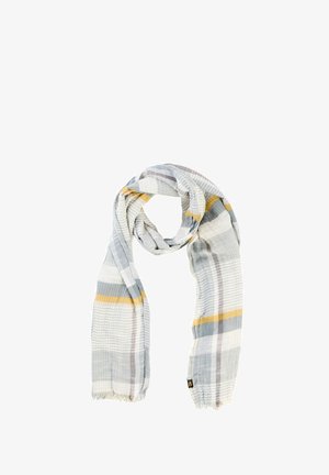 Leichter gewebter Schal mit grauen, weißen, gelben und beigen horizontalen und vertikalen Streifen, locker gefaltet mit Fransen an den Rändern.