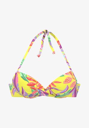 Gelbes Bikini-Oberteil mit lebhaften Blumenmustern in Rosa, Lila und Grün. Mit verstellbaren Bindebändern am Hals und Rücken, gepolsterten Cups.