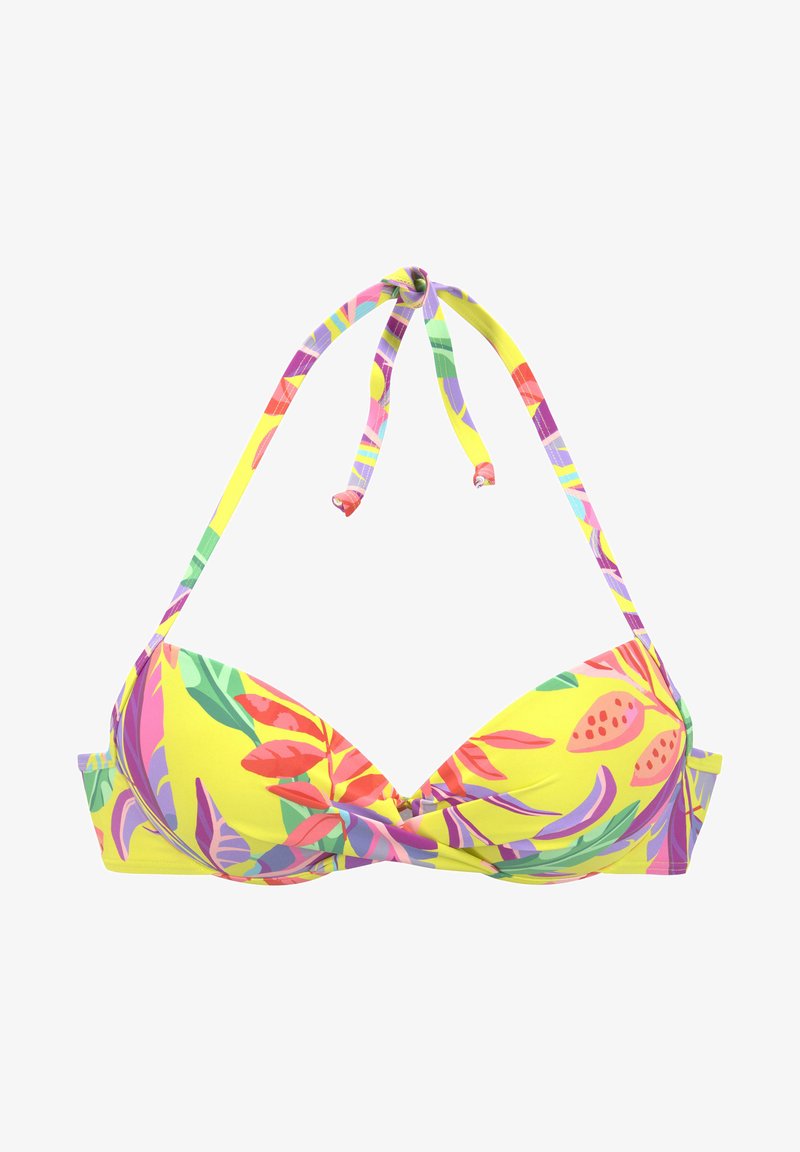 Gelbes Bikini-Oberteil mit lebhaften Blumenmustern in Rosa, Lila und Grün. Mit verstellbaren Bindebändern am Hals und Rücken, gepolsterten Cups.